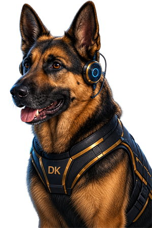 Fiel, o mascote da Danka Corretora: um pastor-alemão de headset e colete com o logo DK.